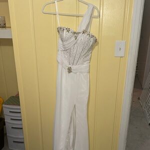 Elegant White One-Shoulder Gown with Embellishments